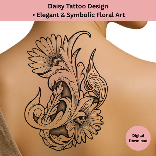 Daisy tattoo design in ornamental shaded line art tattoo flash style
