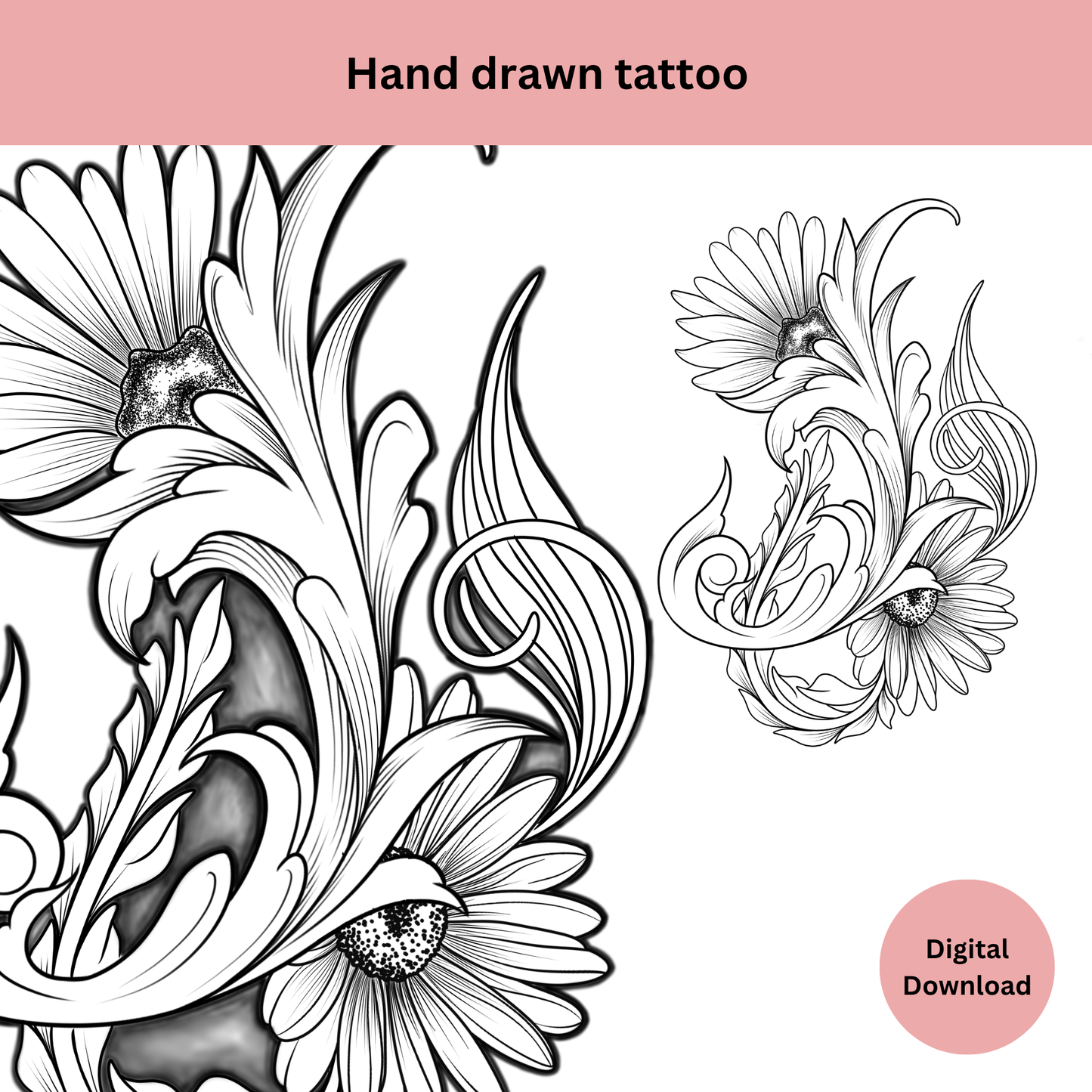 Shaded line art daisy tattoo design showing decorative line work and depth

