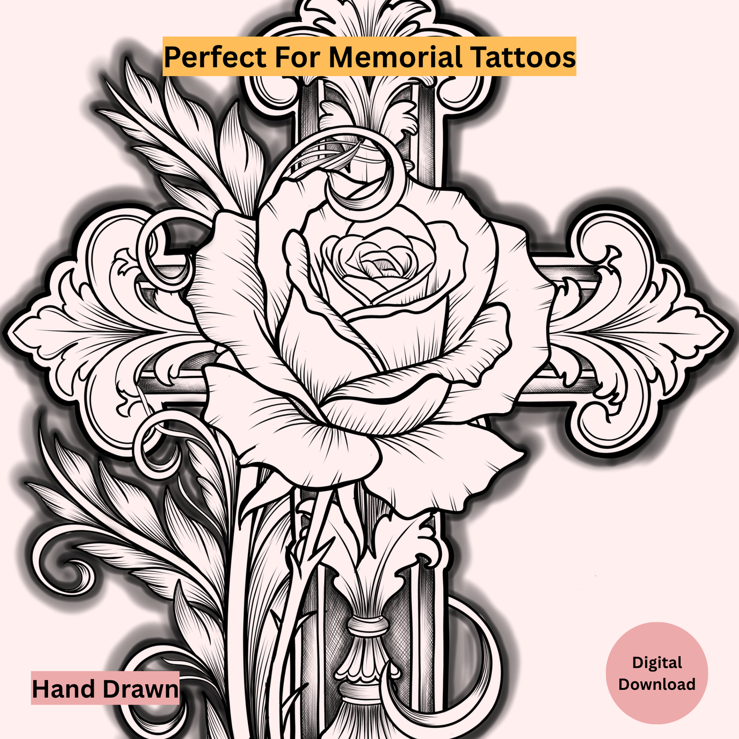 Decorative cross with rose and intricate patterns, suitable for memorial tattoos.