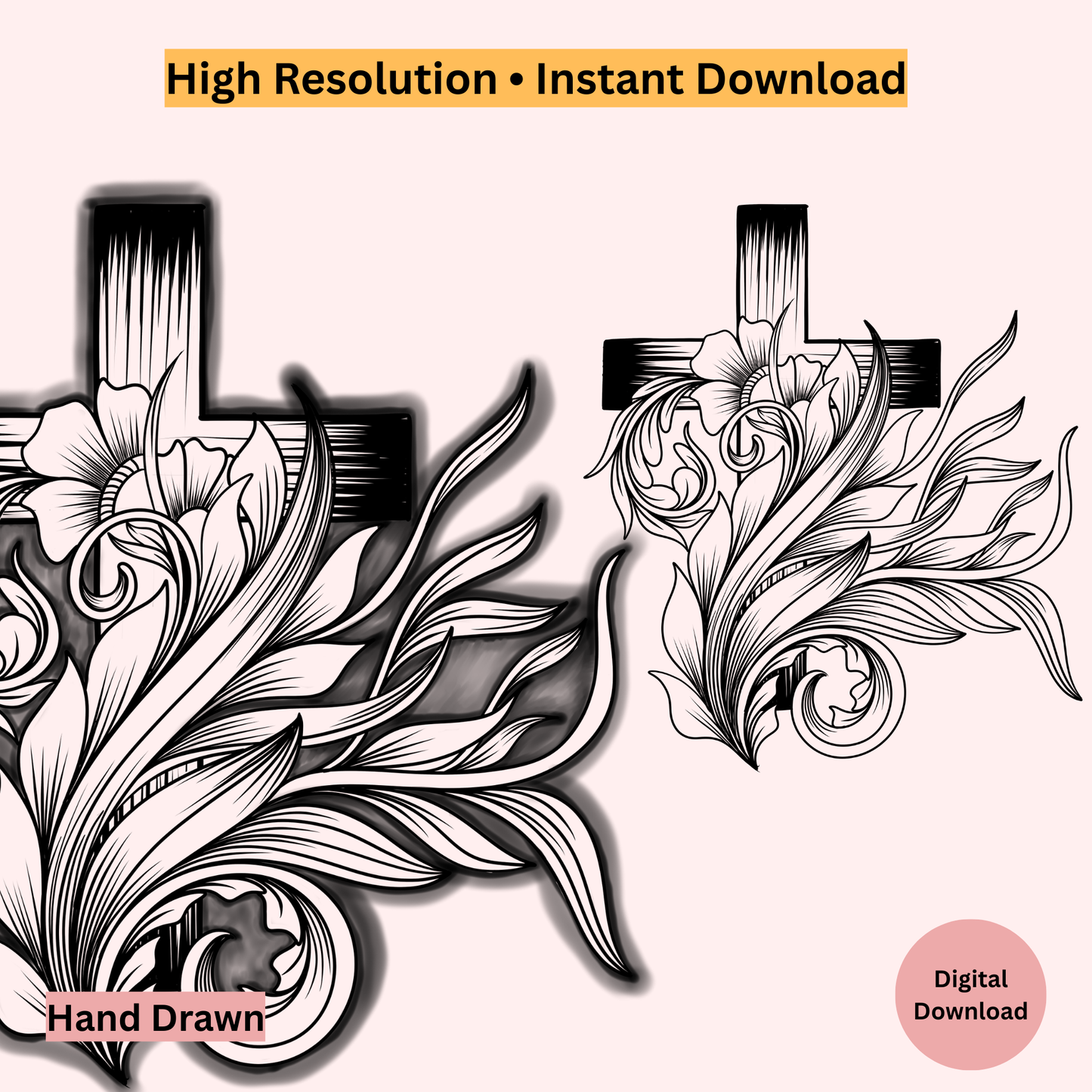 Decorative design with flowers and crosses on a white background, labeled 'Hand Drawn' and 'Digital Download'.