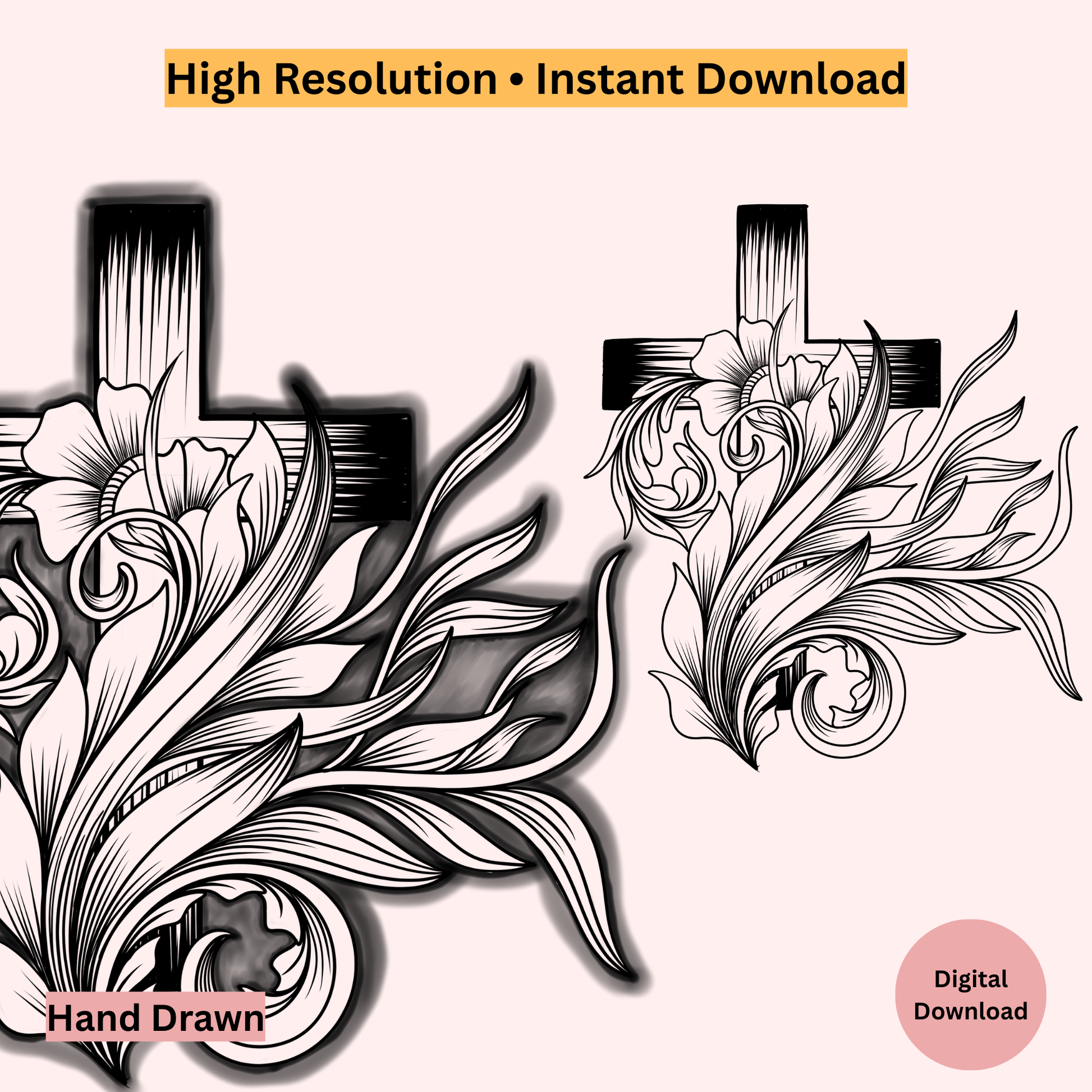 Decorative design with flowers and crosses on a white background, labeled 'Hand Drawn' and 'Digital Download'.
