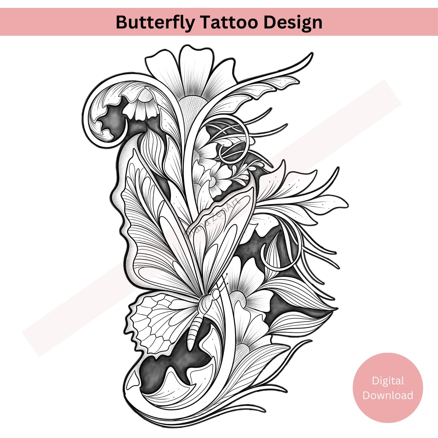 Floral line art butterfly tattoo with elegant feminine details
