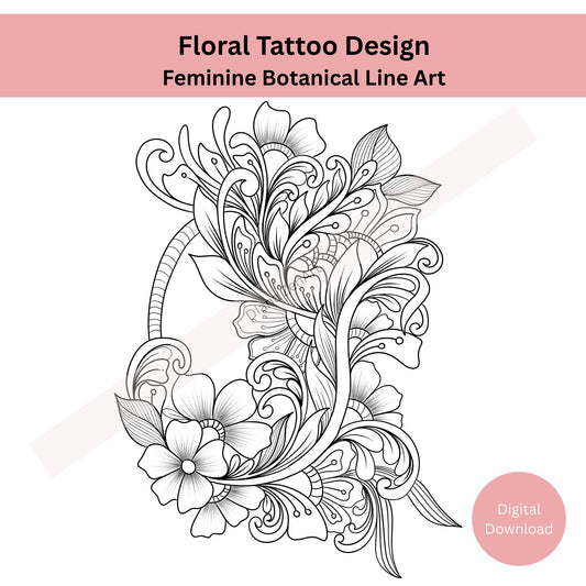 Feminine Botanical Line Art PNG PDF – Zentangle Style
