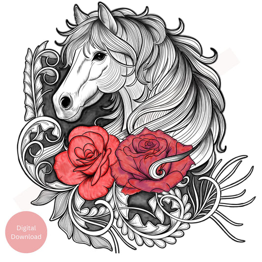 Horse and Roses Tattoo Design