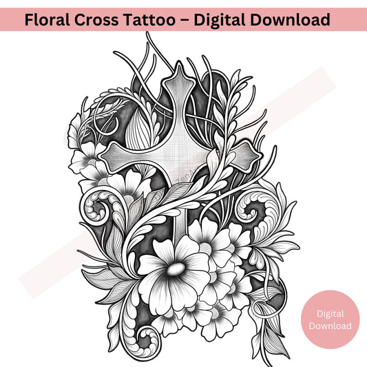 faith-floral-cross-tattoo-line-art-details