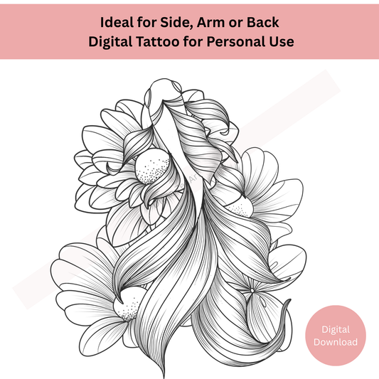 Floral fish tattoo design combining natural flow and floral symbolism in line art style
