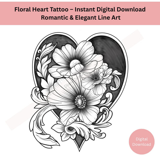 Line art floral heart tattoo showing gentle feminine detail