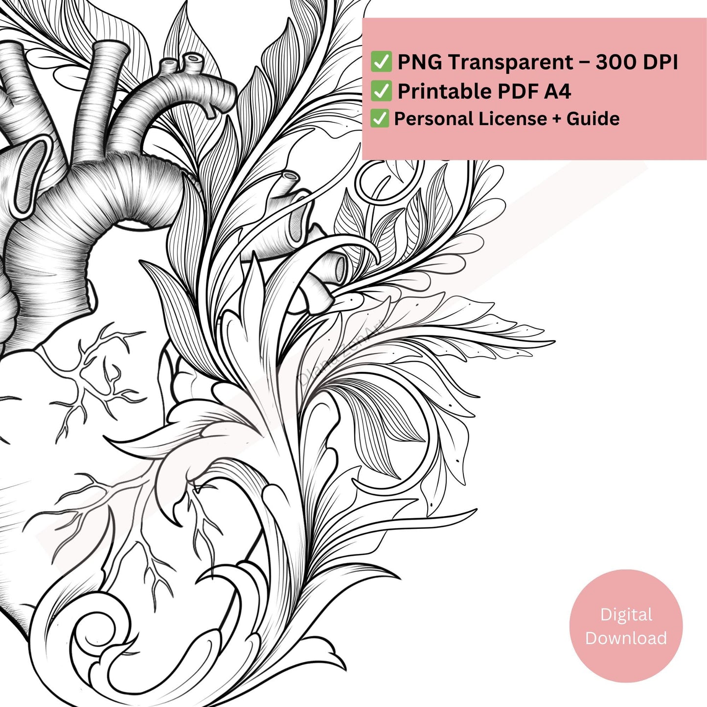 Floral line art anatomical heart tattoo with elegant balanced composition