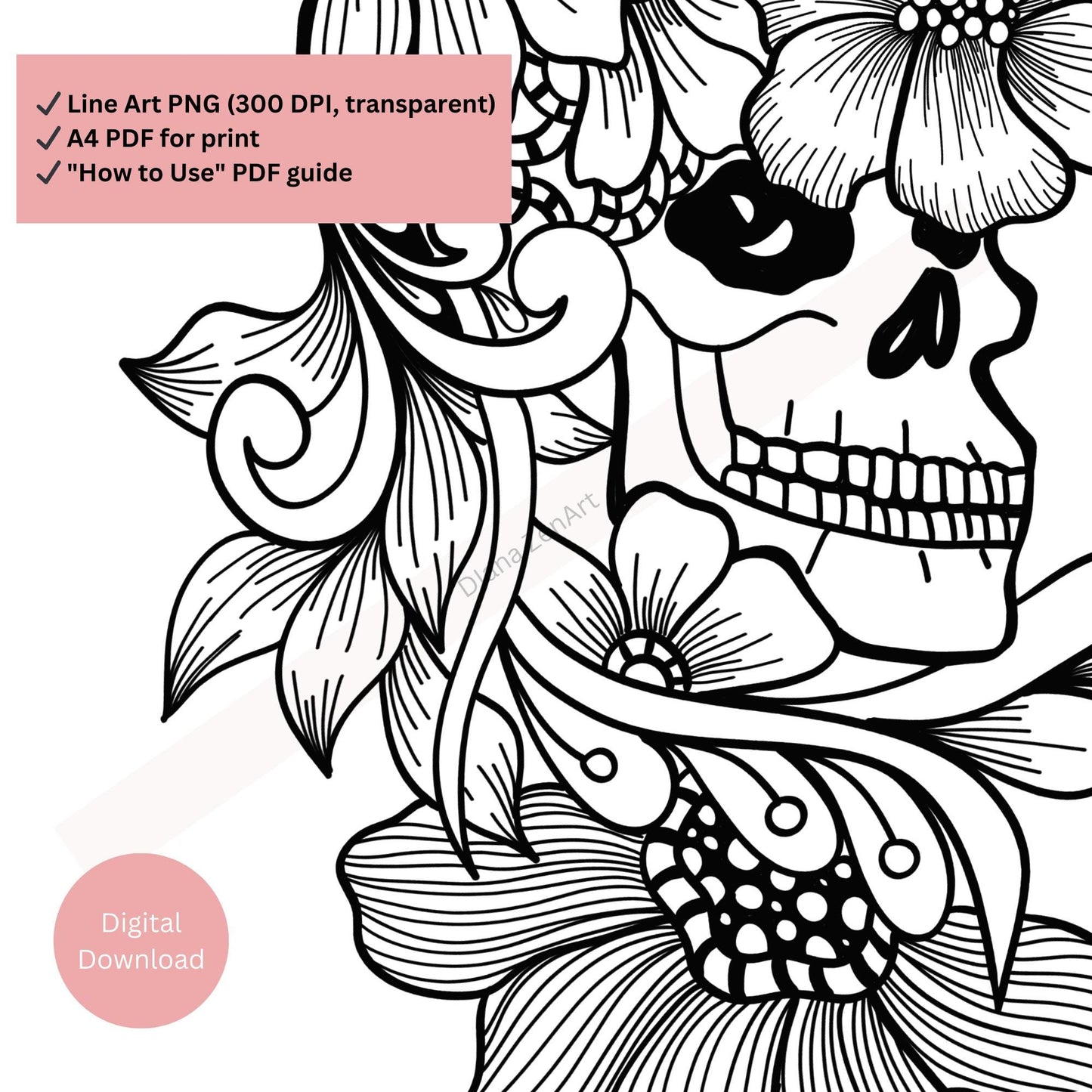 Line art floral skull tattoo showing balanced aesthetic detailing
