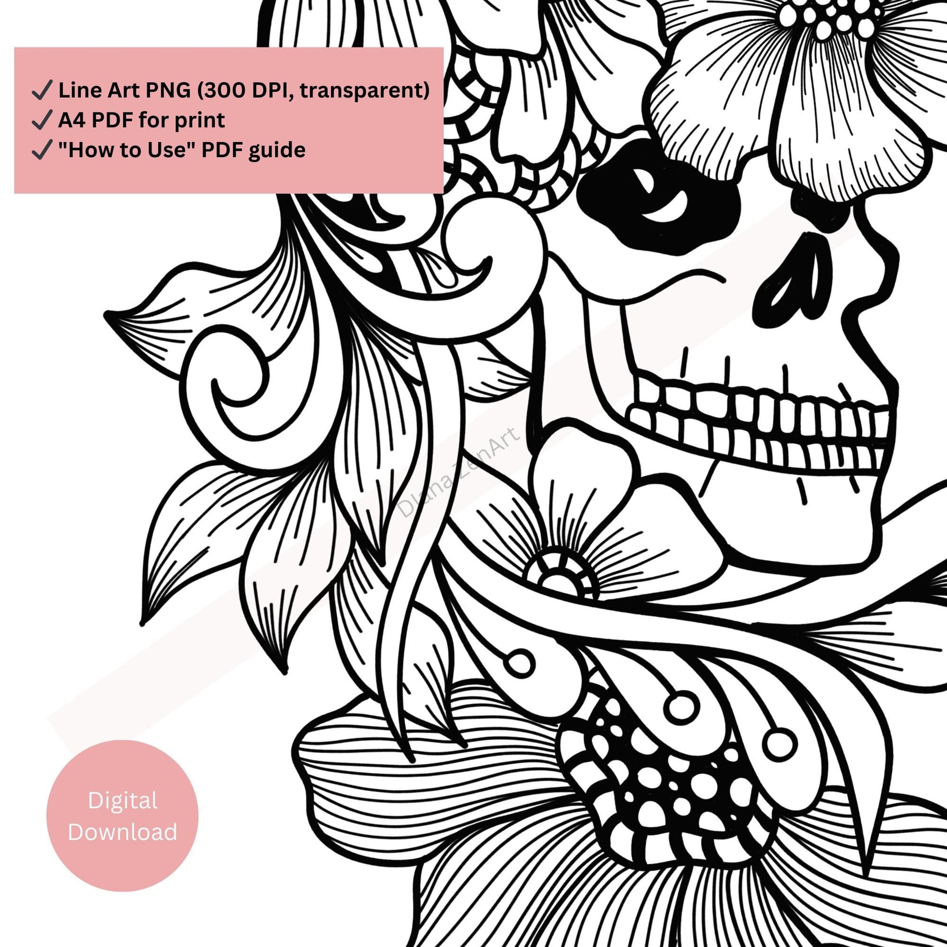 Line art floral skull tattoo showing balanced aesthetic detailing
