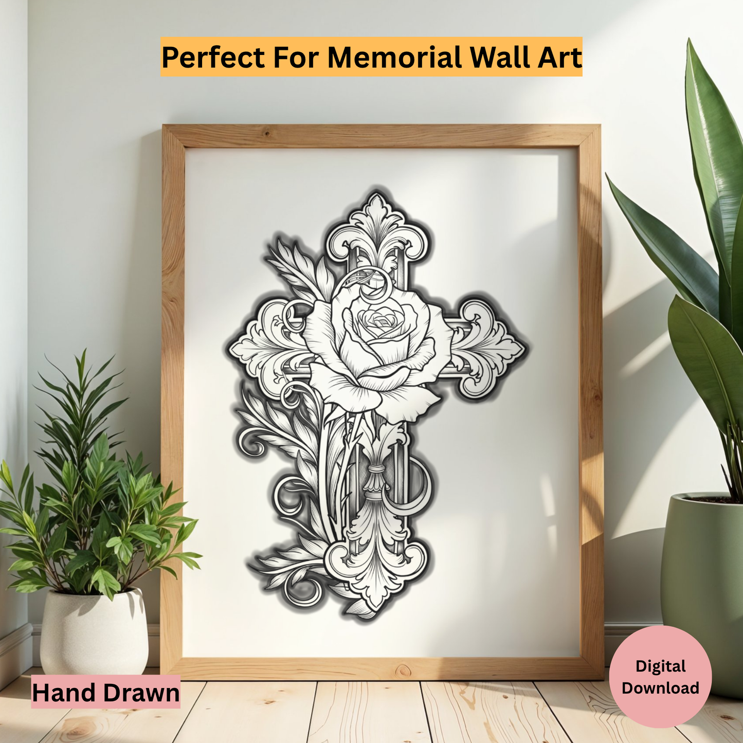 Decorative cross with floral elements in a wooden frame on a light background