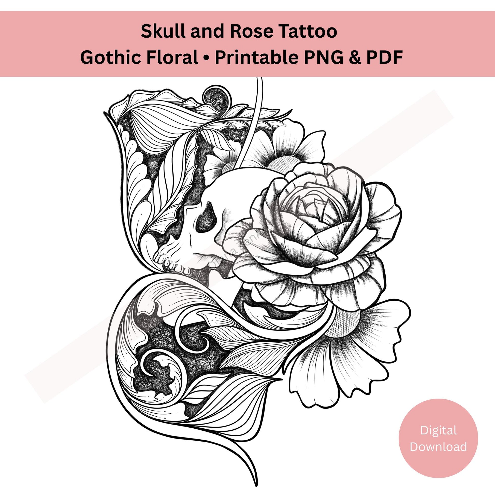 Gothic skull and rose tattoo showing symbolic contrast and detail
