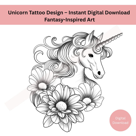 Hand drawn unicorn tattoo line art with symbolic fantasy meaning