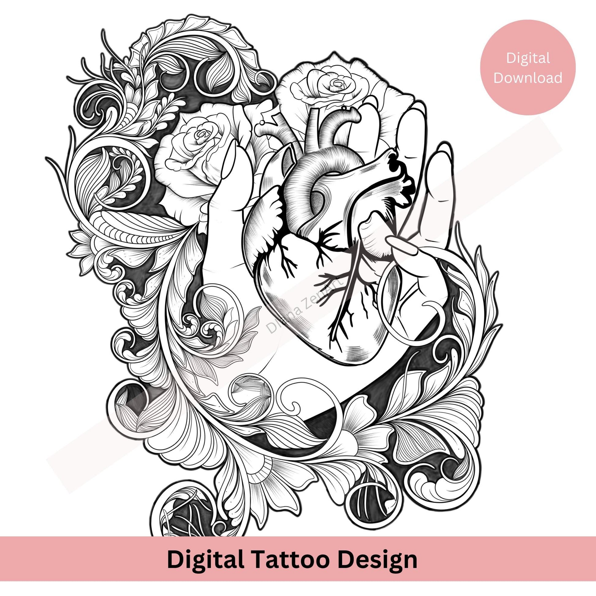 Tattoo design of a hand holding an anatomical heart showing raw human anatomy
