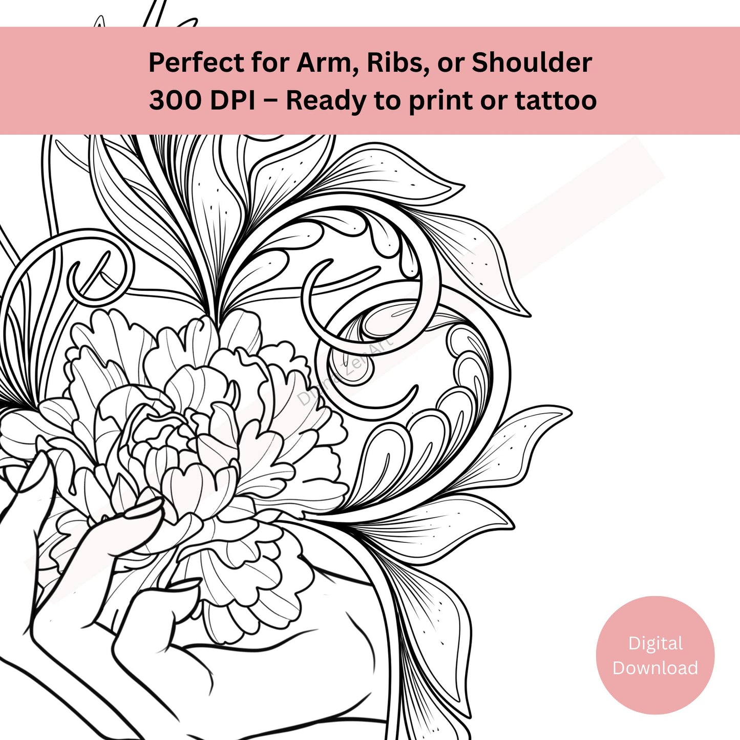 Digital hand holding flower tattoo design available as high resolution download