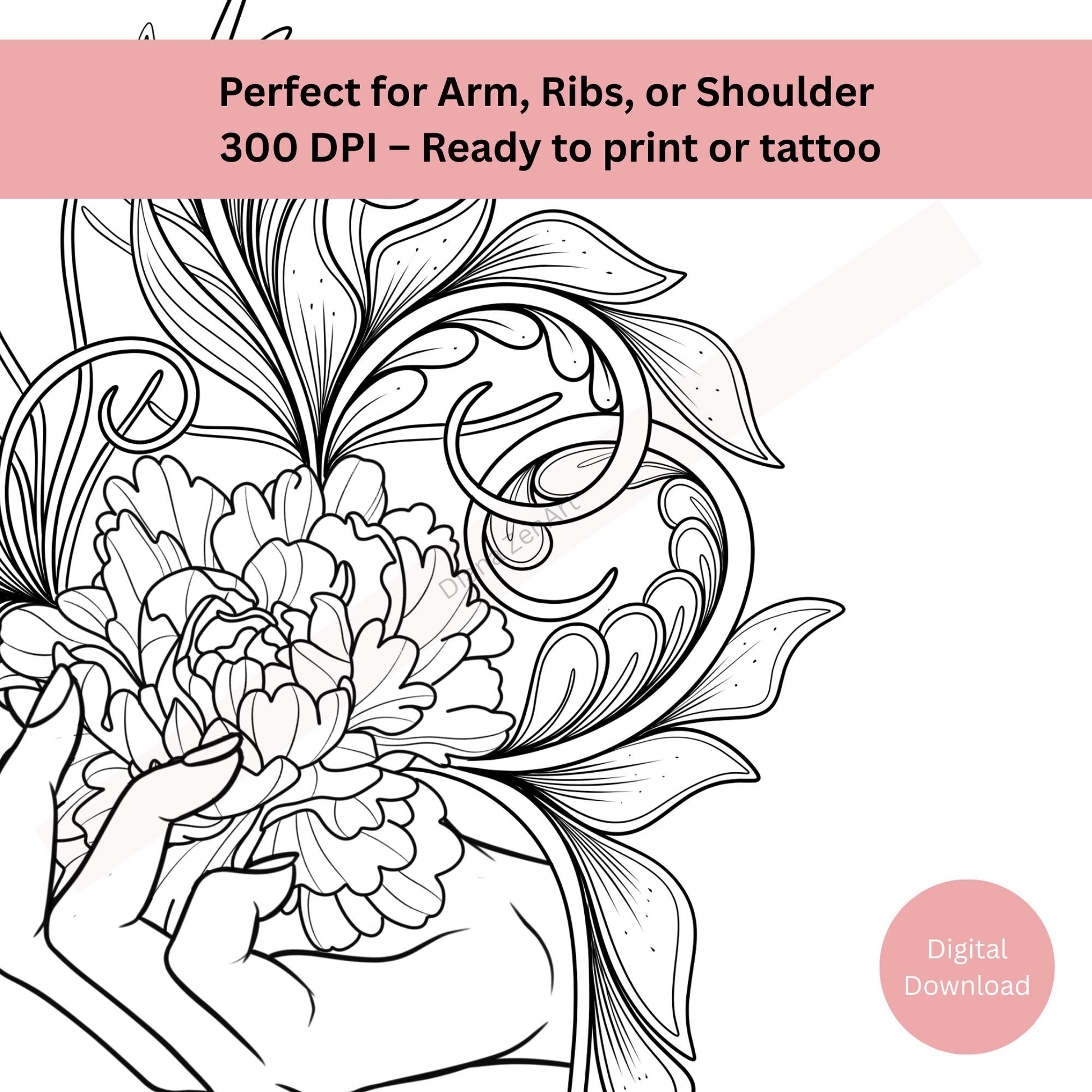 Digital hand holding flower tattoo design available as high resolution download