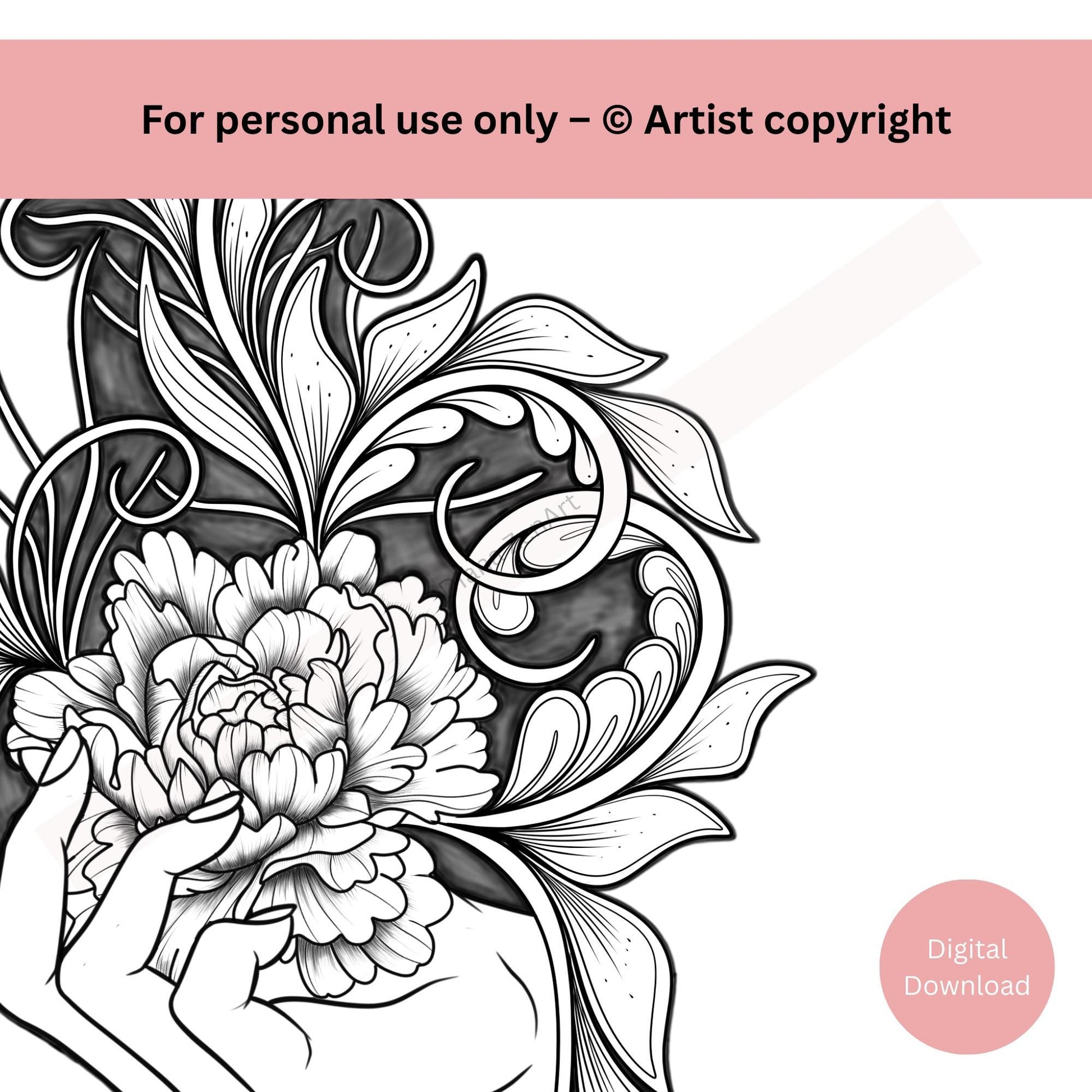 Close-up of hand holding flower tattoo with delicate line art detail