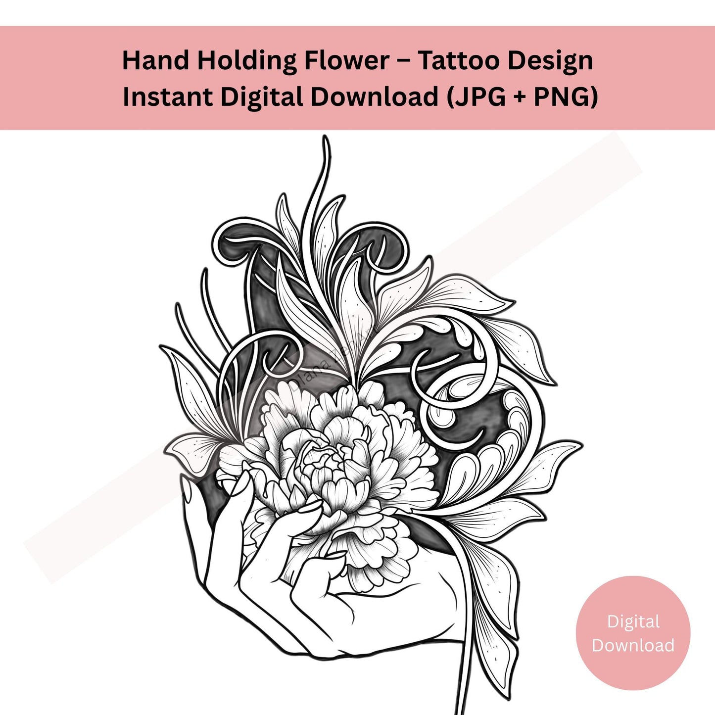 Line art hand holding flower tattoo showing gentle symbolic gesture