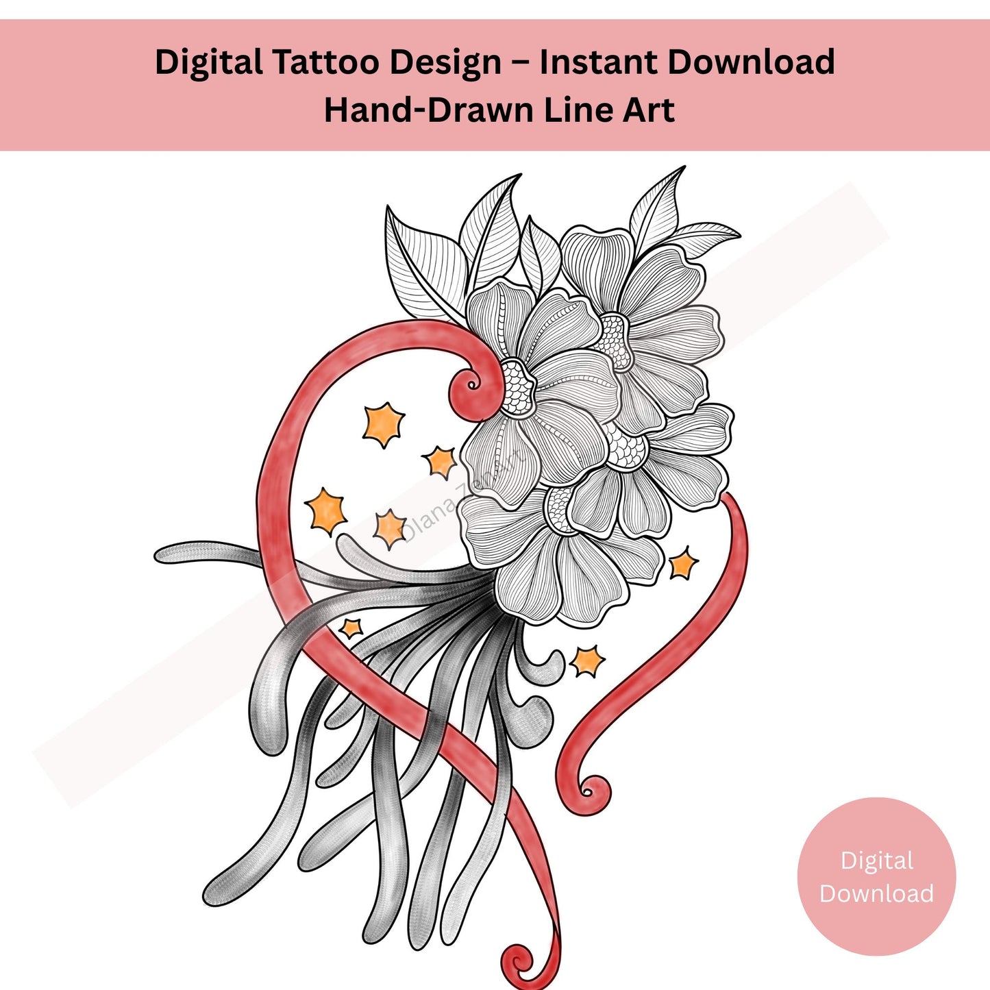 Line art heart and flower tattoo with soft emotional symbolism