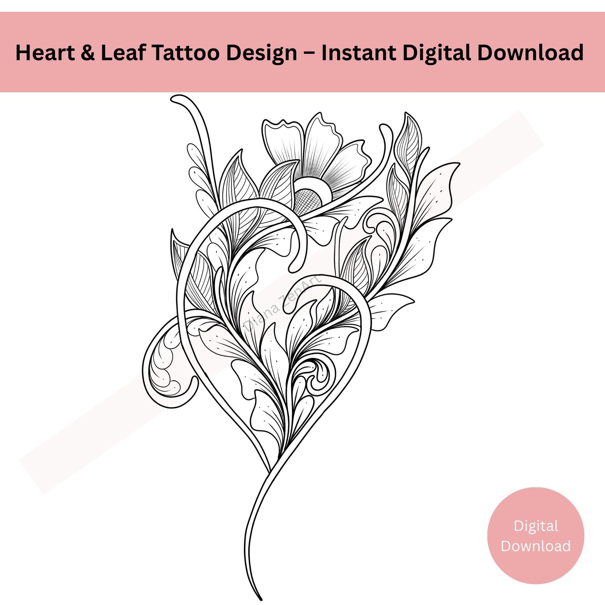 Heart leaf tattoo design symbolizing growth and natural balance in line art style