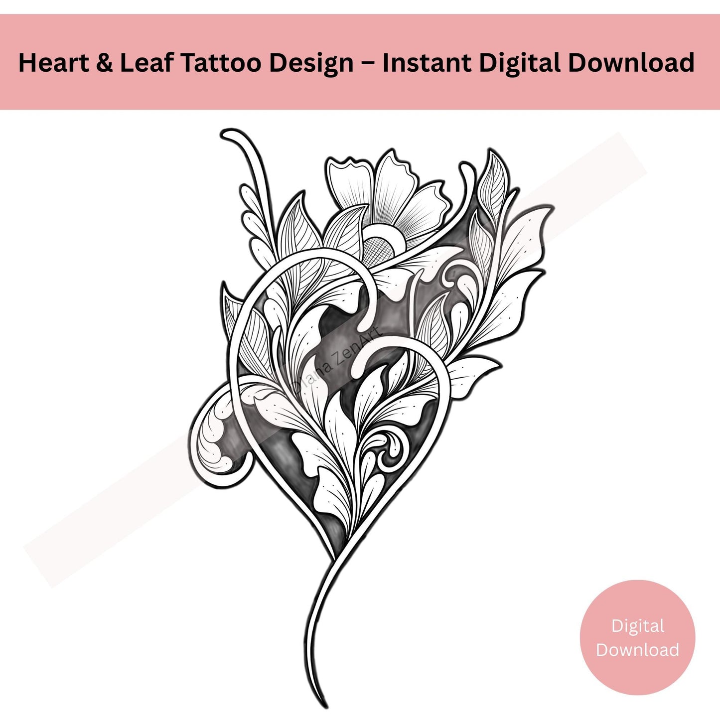 Line art heart and leaf tattoo with calm organic symbolism