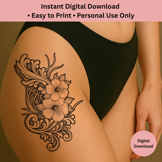 Hibiscus floral tattoo design in tropical shaded line art tattoo flash style
