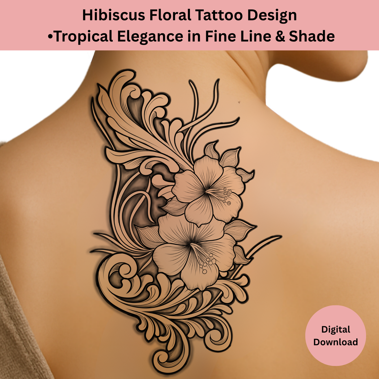 Shaded line art hibiscus tattoo design showing decorative line work and depth
