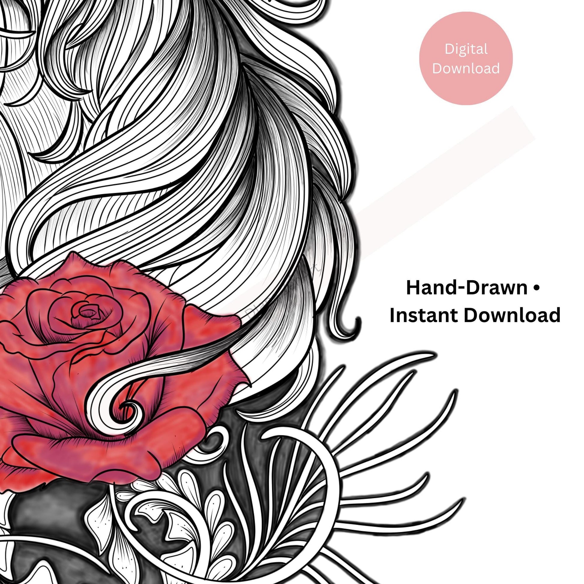 Close-up of horse and roses tattoo line art with refined emotional detail