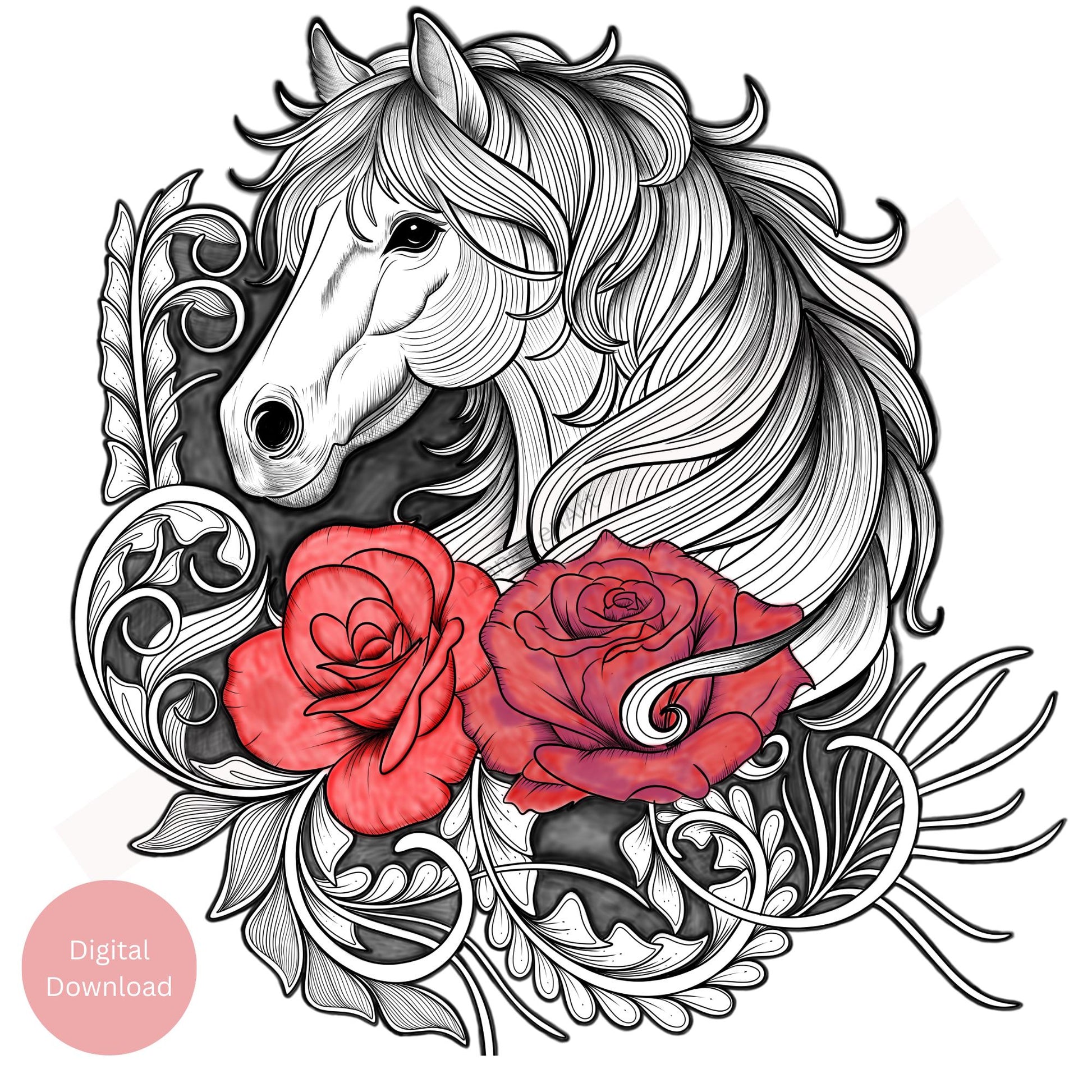 Line art horse and roses tattoo showing balance between strength and grace