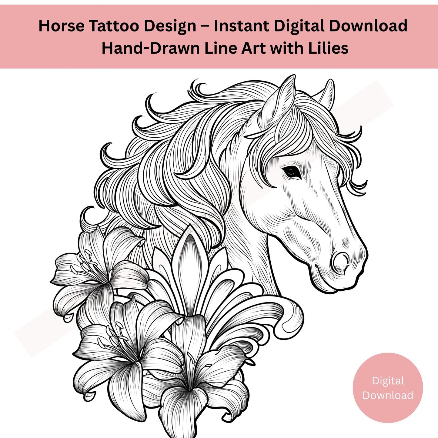 Horse tattoo design symbolizing freedom and independence in line art style