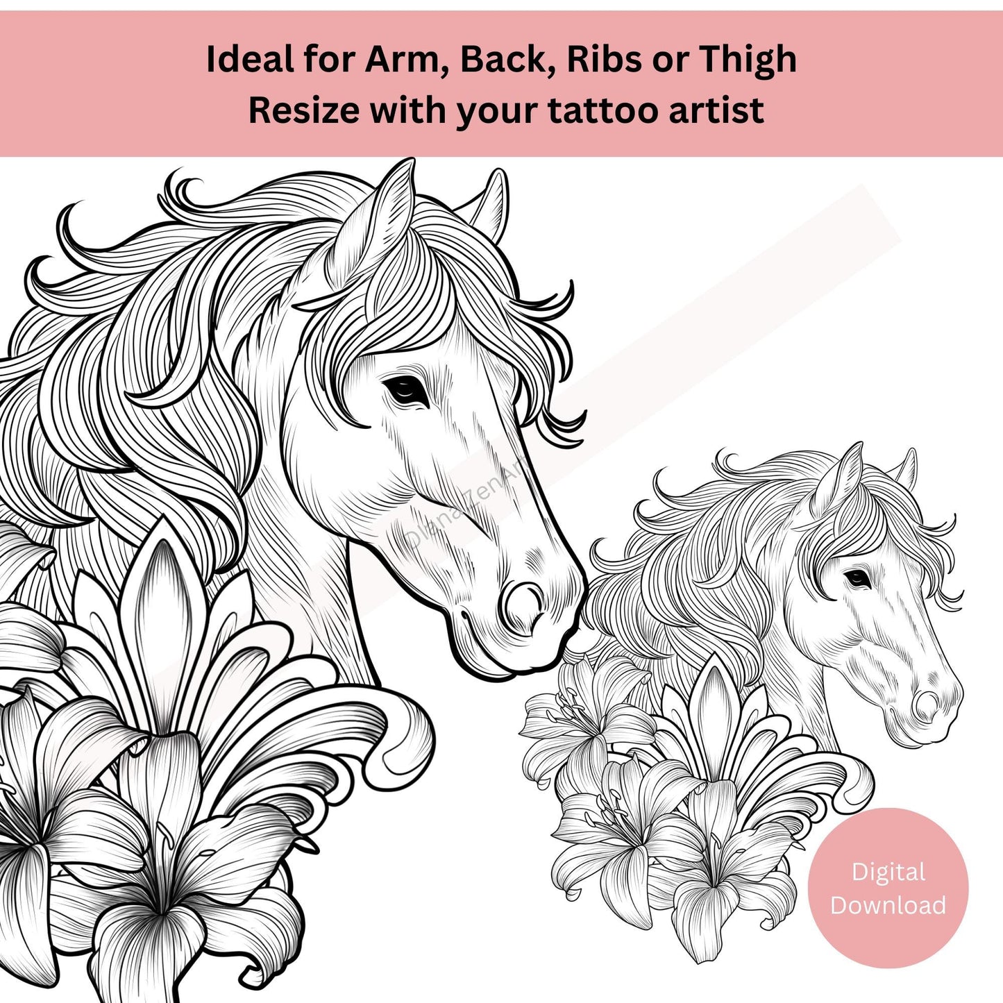 Close-up of horse tattoo line art showing dynamic expressive detail