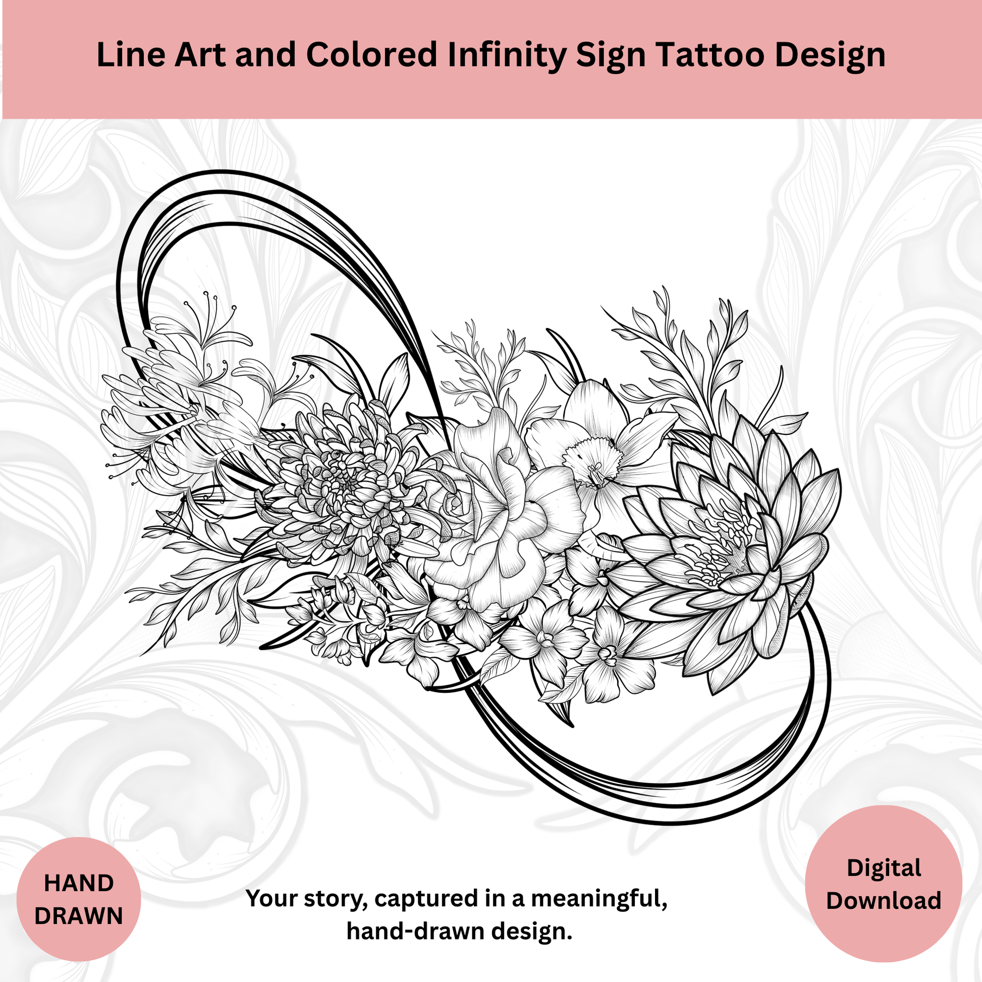 Infinity birth flower tattoo line art custom digital design
