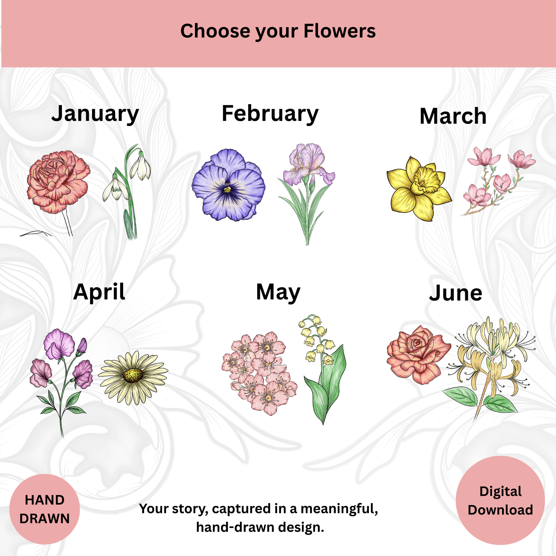 colored birth flowers for months january-June, infinity sign custom tattoo