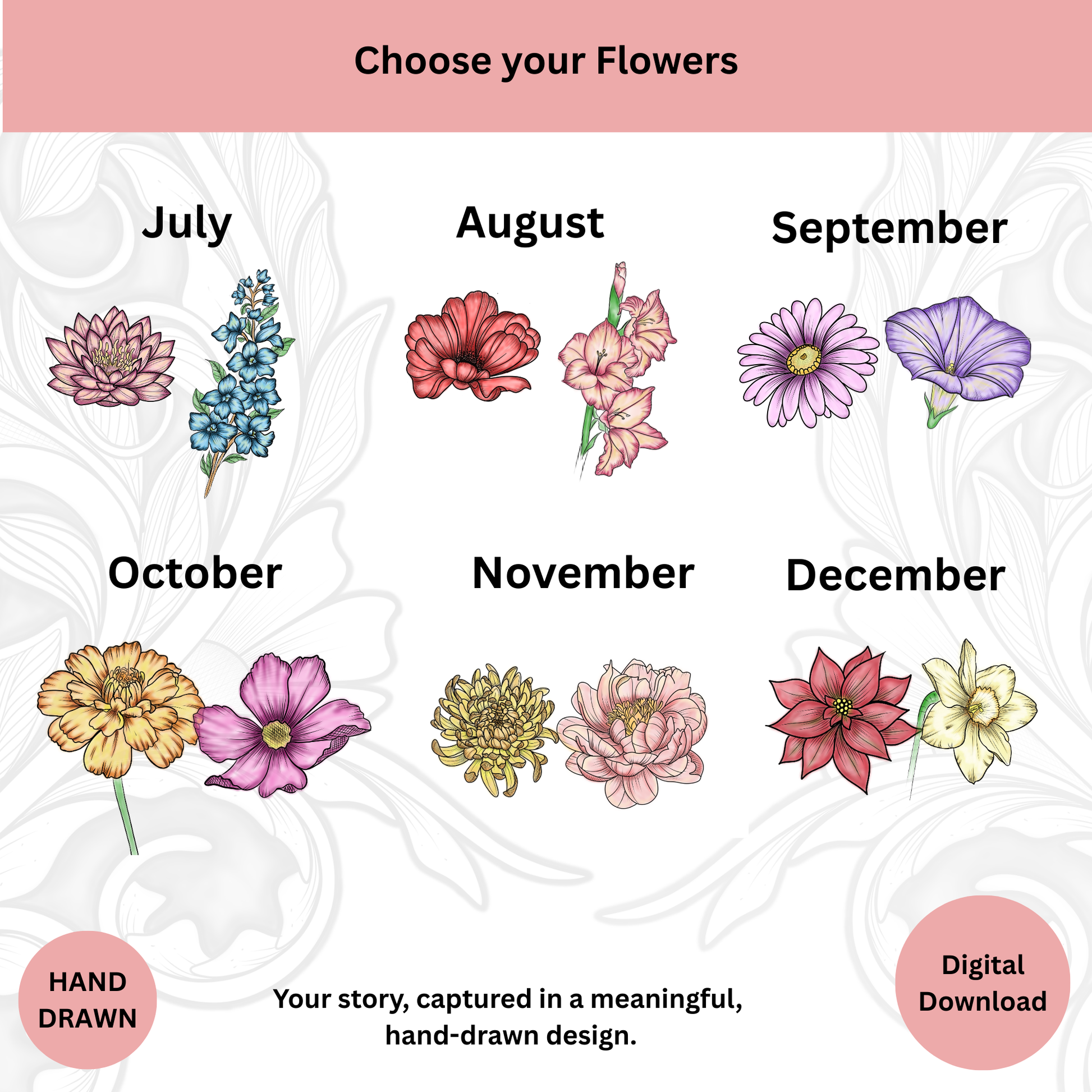 Choose birth flowers by month for a infinity sign custom tattoo design, floral options from July to December
