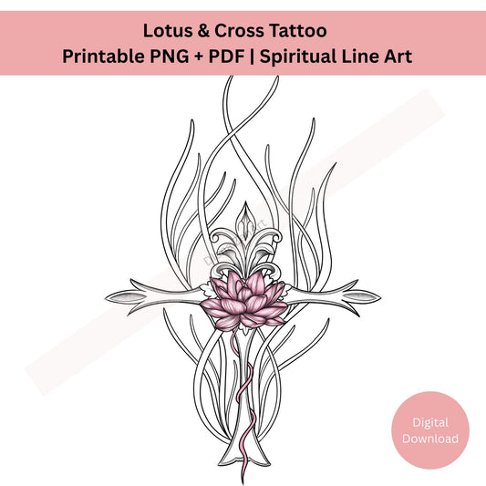 Lotus and cross tattoo design symbolizing faith and inner balance in line art style