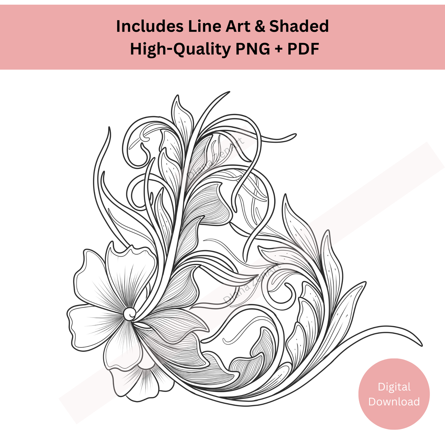 Ornamental botanical tattoo flash in decorative line art style

