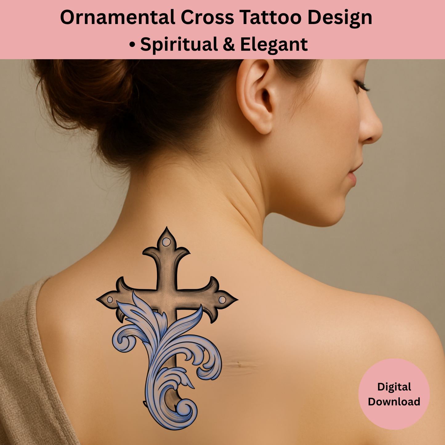 Ornamental cross tattoo design in religious tattoo flash style, clean line art digital tattoo