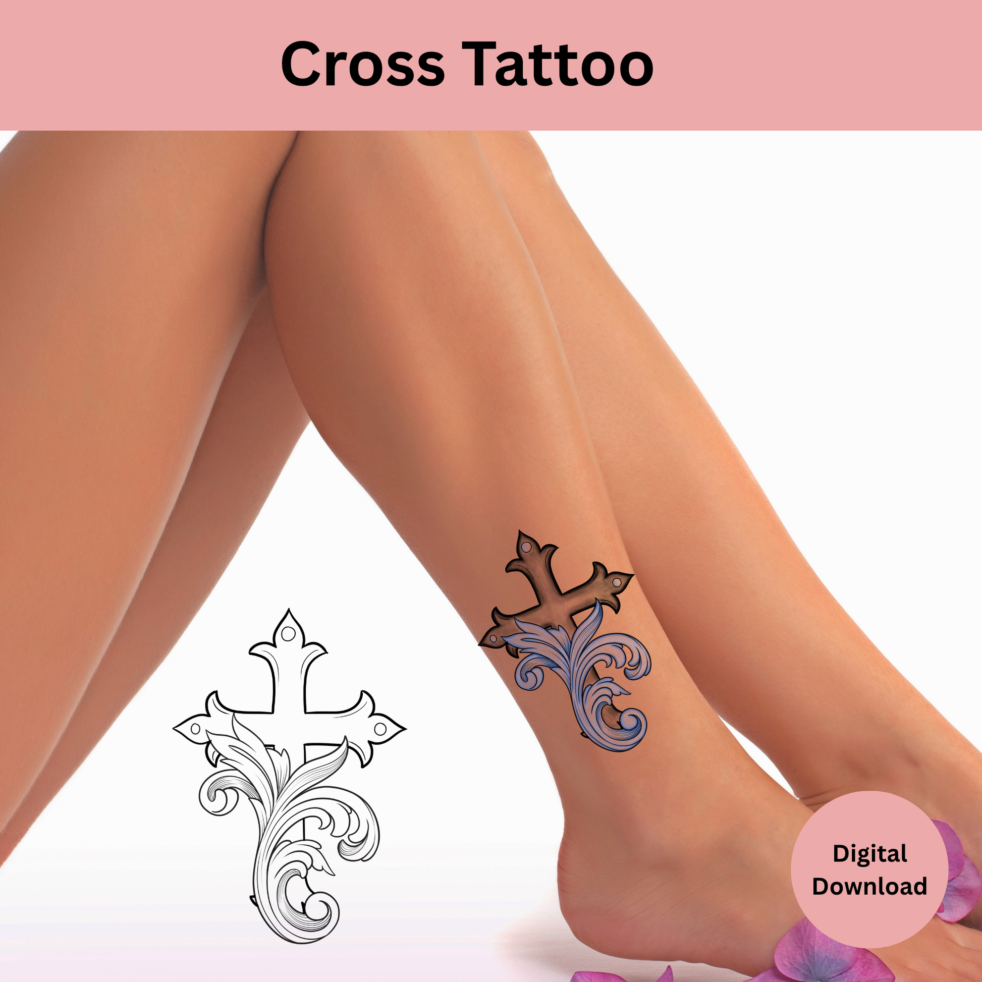Ornamental cross tattoo flash design preview for faith inspired tattoos