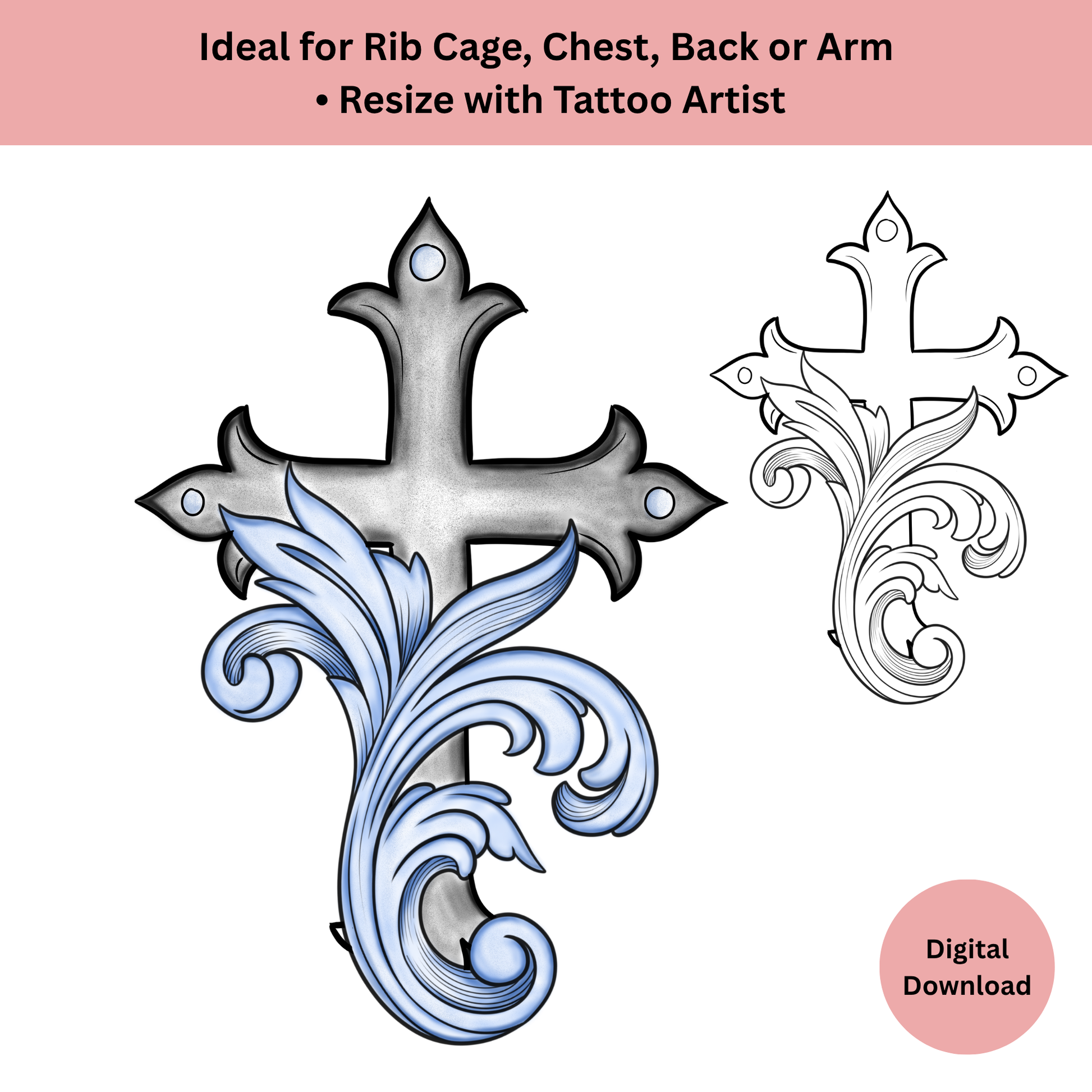 Detailed ornamental cross tattoo line art with symmetrical religious design