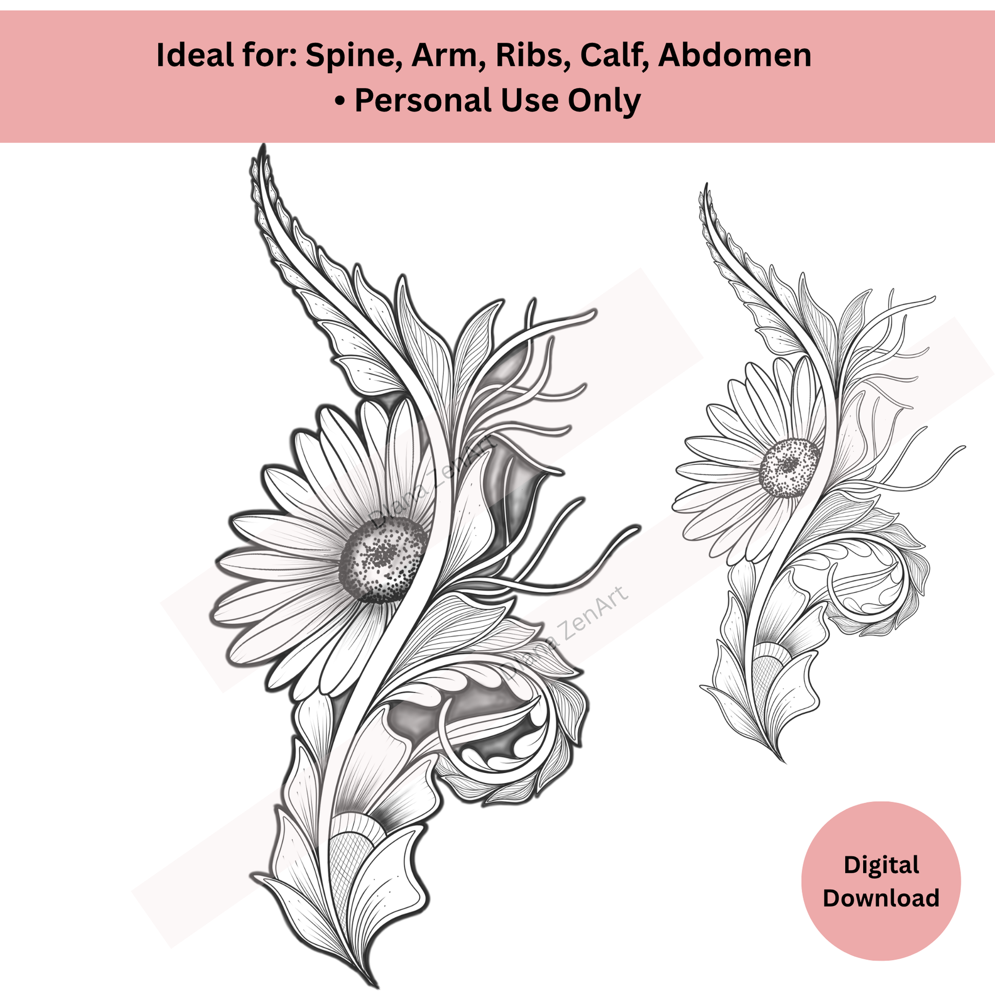 Ornamental daisy spine tattoo with vertical floral line art details
