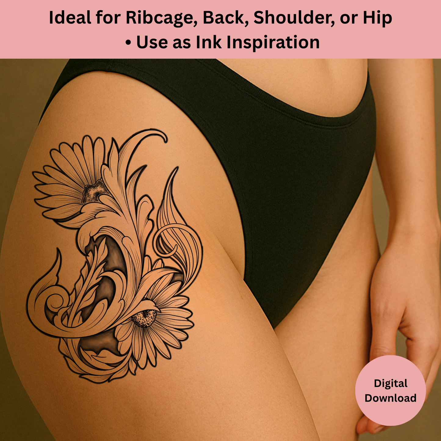 Ornamental daisy tattoo with shaded line art and decorative floral details
