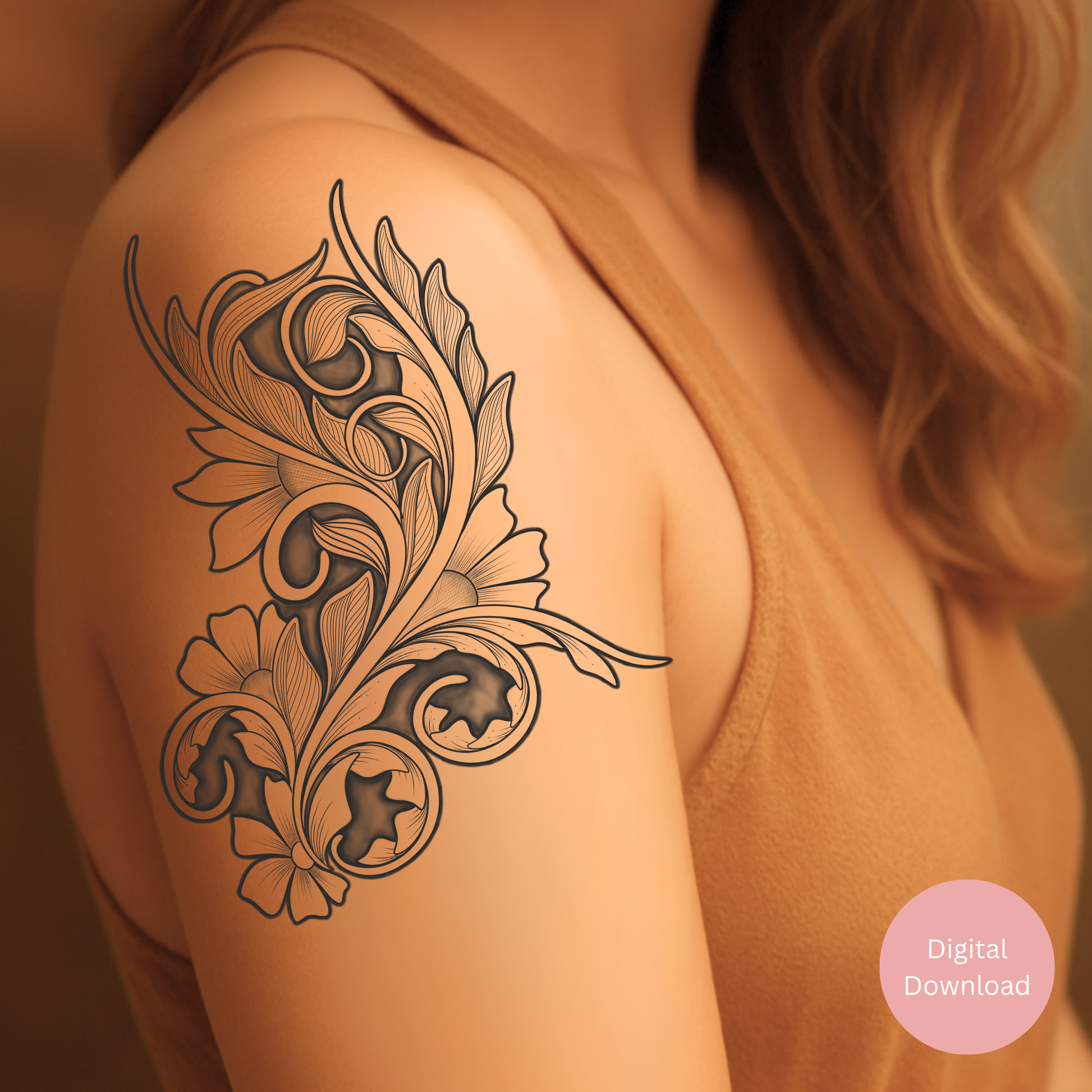 Ornamental floral sleeve tattoo line art showing flowing arm composition
