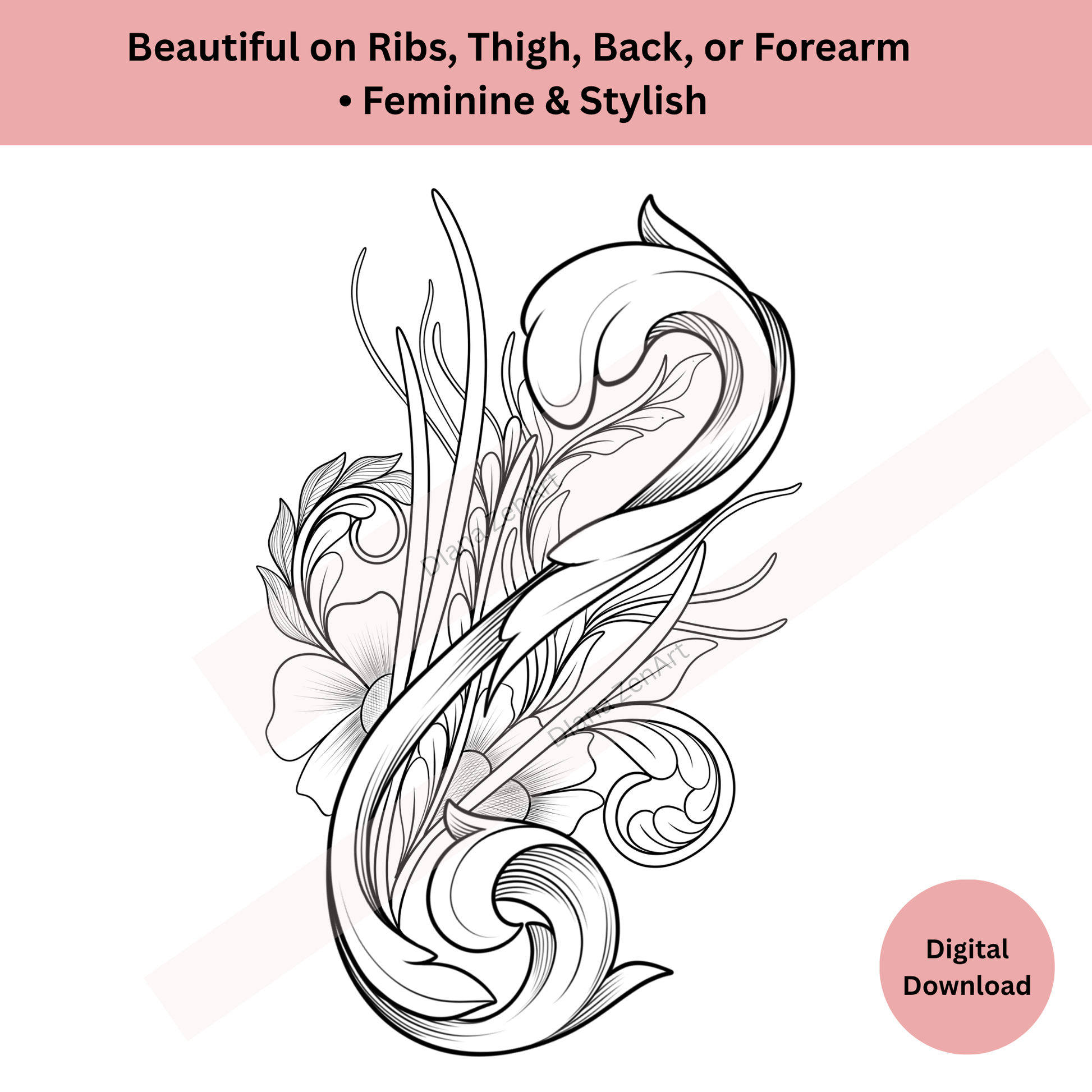 Ornamental floral tattoo design in decorative line art tattoo flash style
