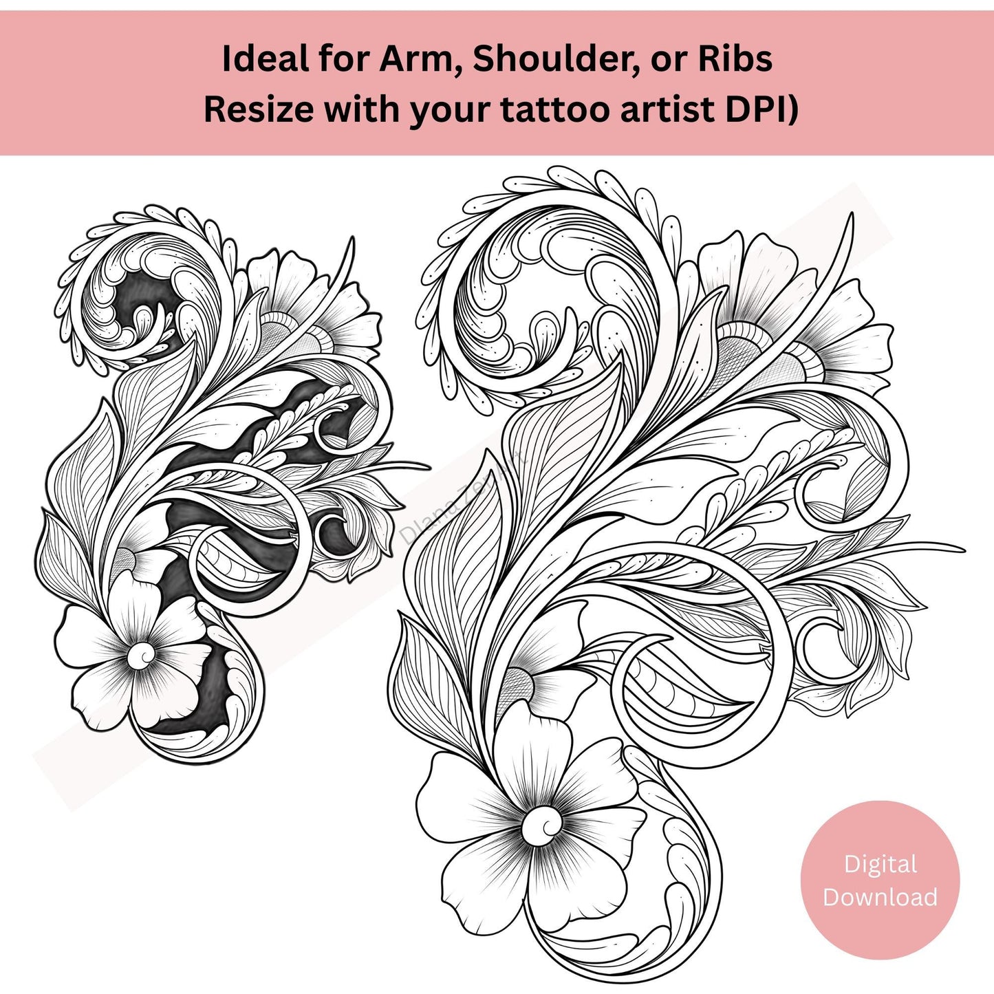 Ornamental floral tattoo design preview for decorative tattoos
