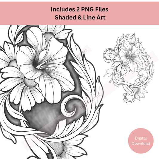Line art ornamental floral tattoo design showing decorative detailing
