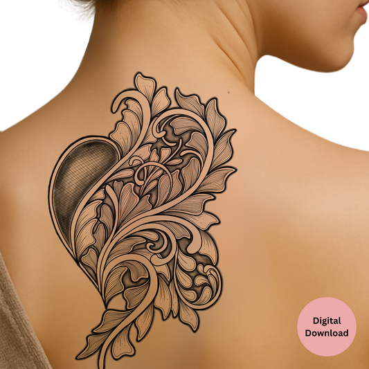 Ornamental heart tattoo design with elegant floral shaded line art
