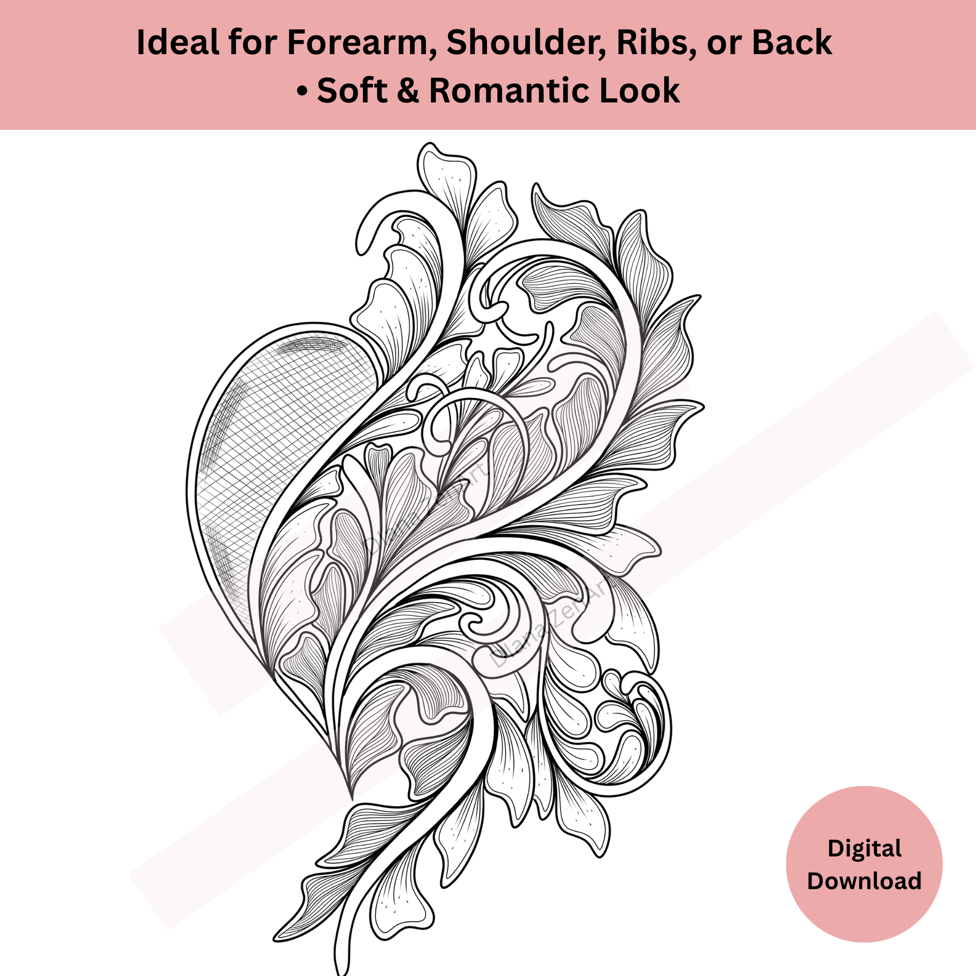 Ornamental heart tattoo flash design line art for decorative floral tattoos
