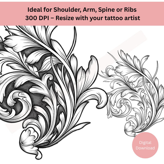 Close-up of ornamental leaf tattoo highlighting organic line art detail