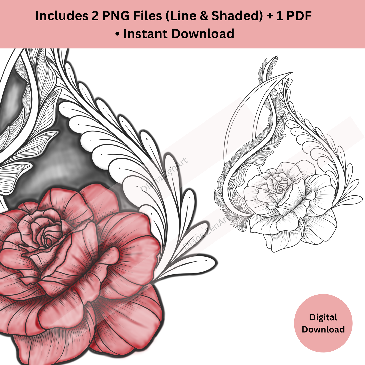 Shaded line art rose tattoo showing ornamental detailing and soft depth
