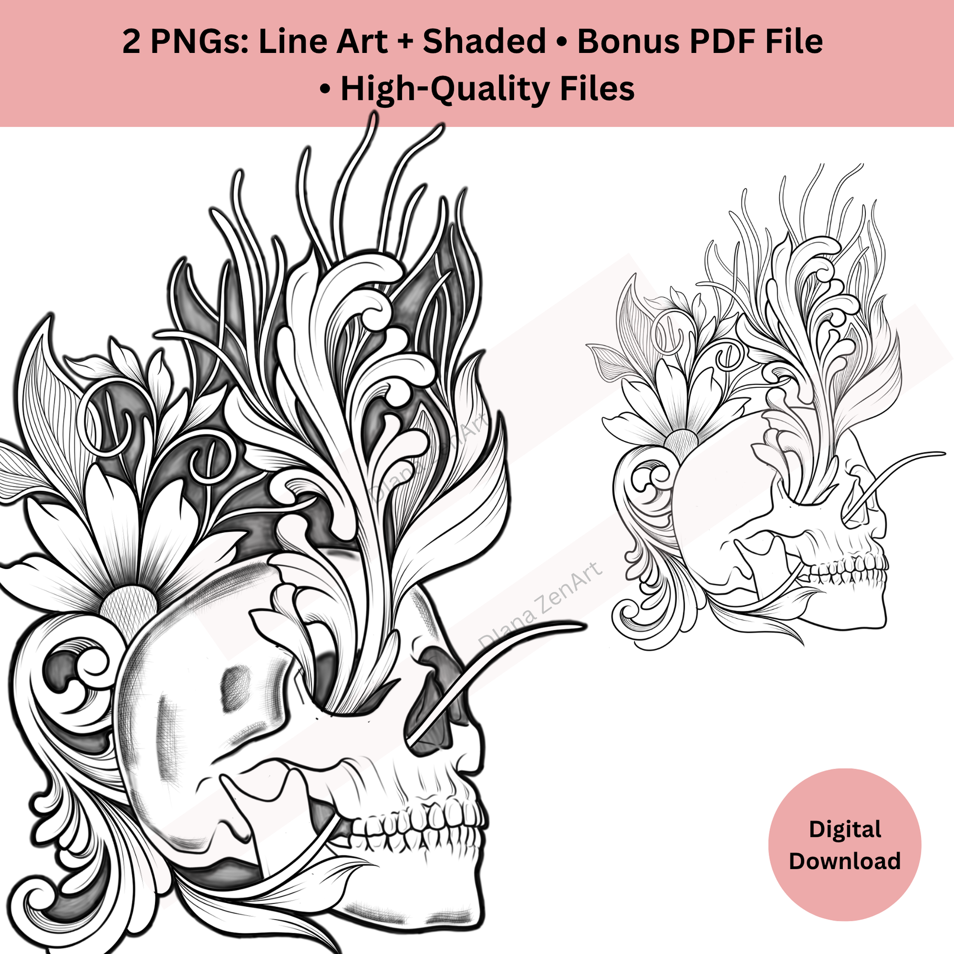 Ornamental skull floral tattoo with detailed line art and decorative elements
